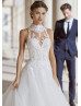 Elegant White Lace Dotted Tulle Keyhole Back Wedding Dress